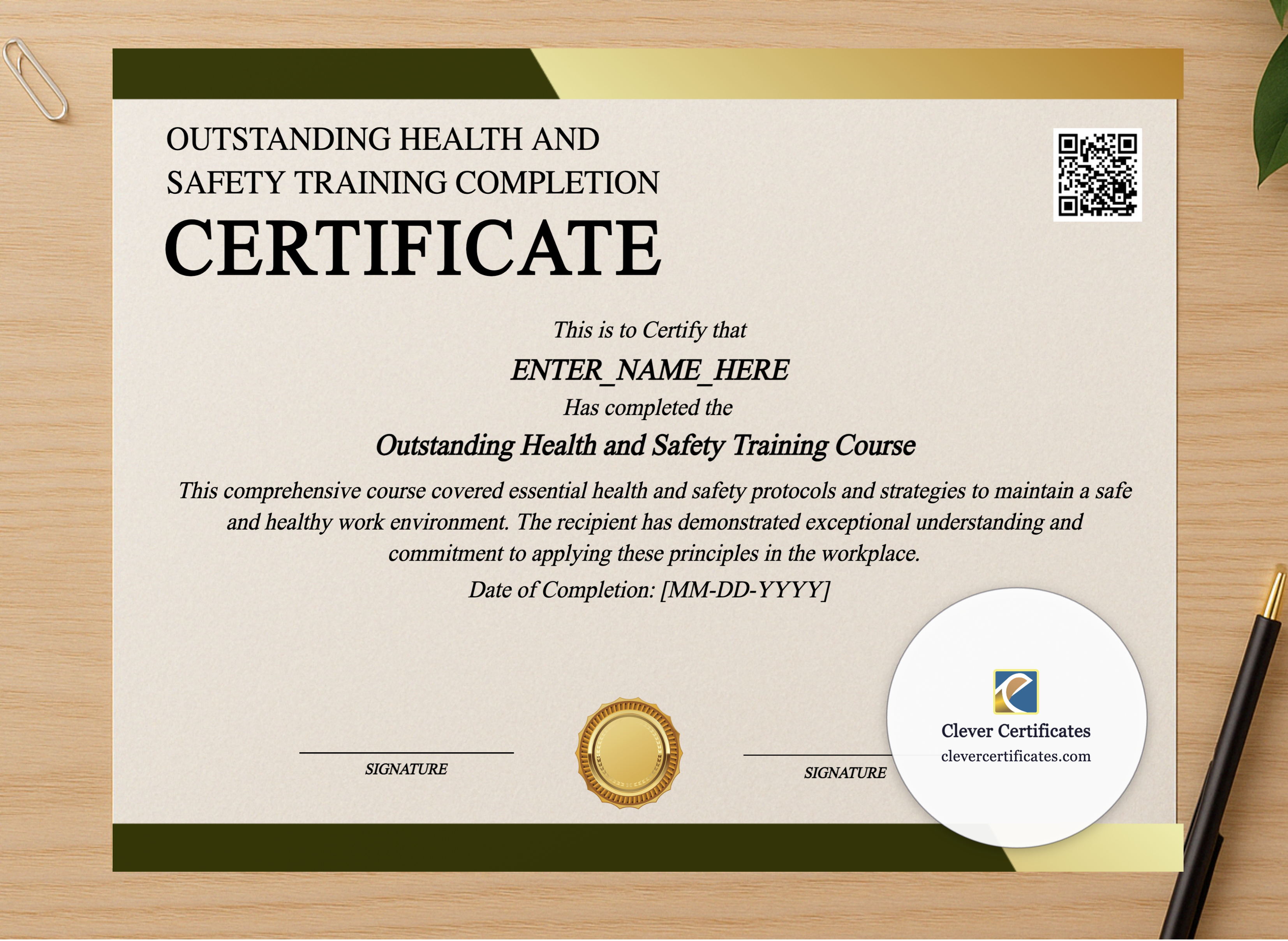 Professional preview of Health And Safety Training Certificate certificate on high-quality stationery paper, ideal for showcasing the final look.