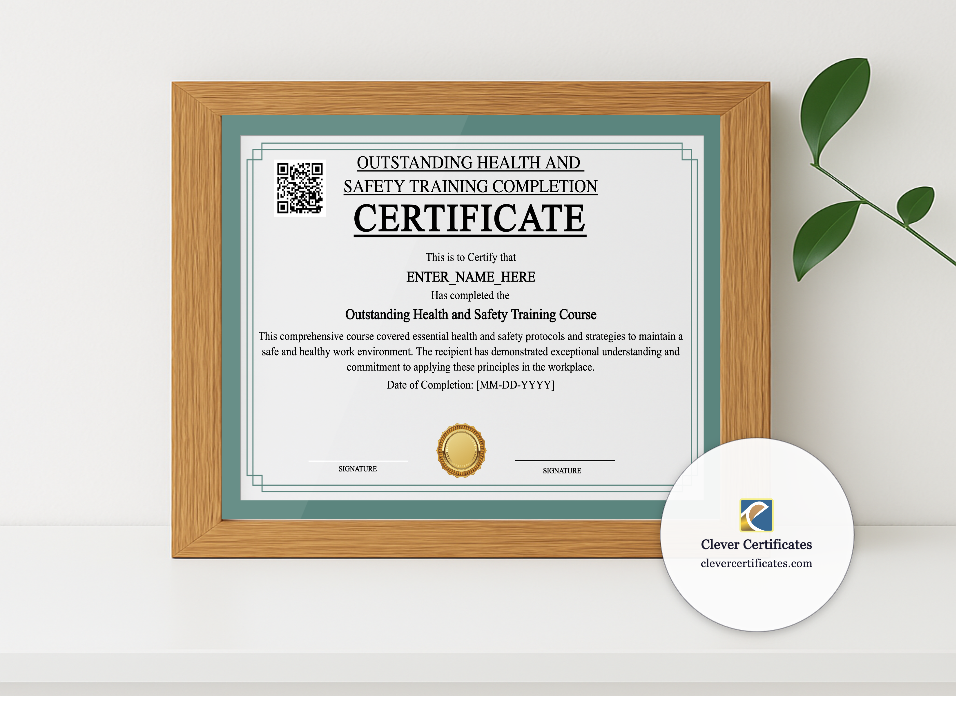 Realistic mockup featuring Health And Safety Completion Certificate displayed within a modern frame, set against a minimalistic background.