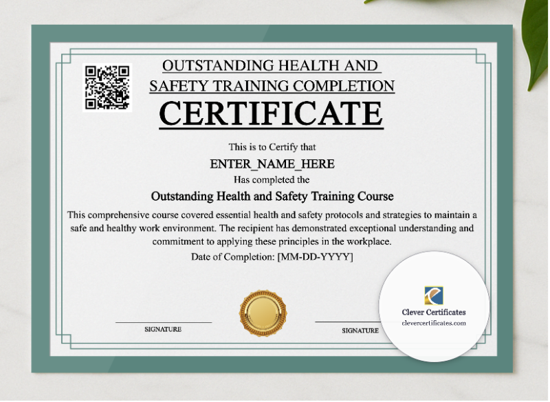 Health And Safety Completion Certificate presented in a sleek wooden frame, elegantly arranged on a stylish table.