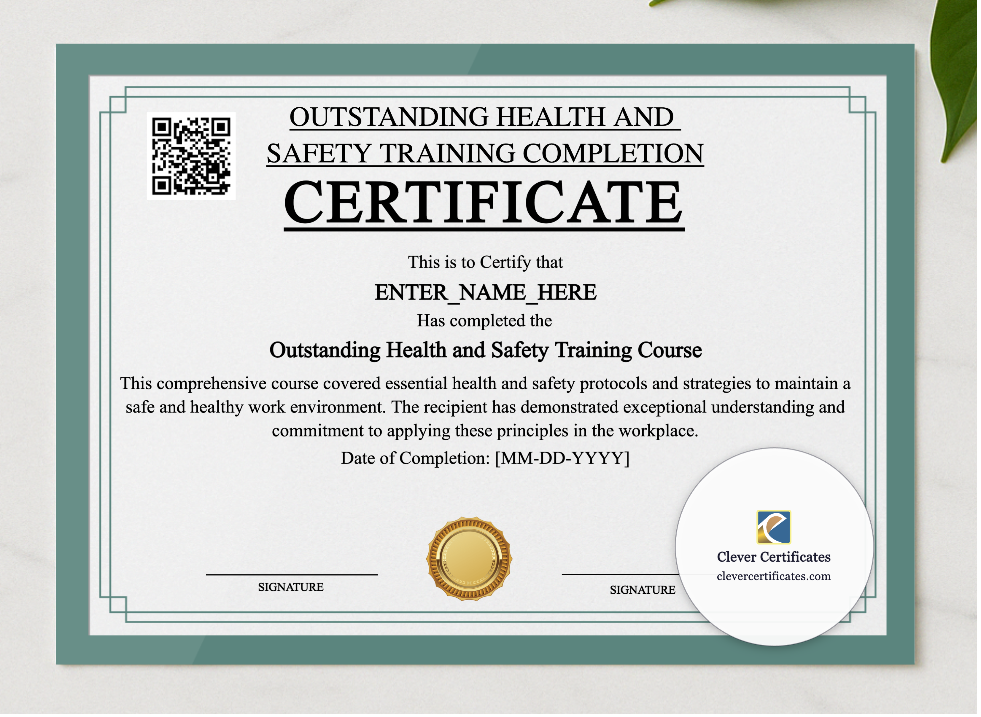 Health And Safety Completion Certificate presented in a sleek wooden frame, elegantly arranged on a stylish table.