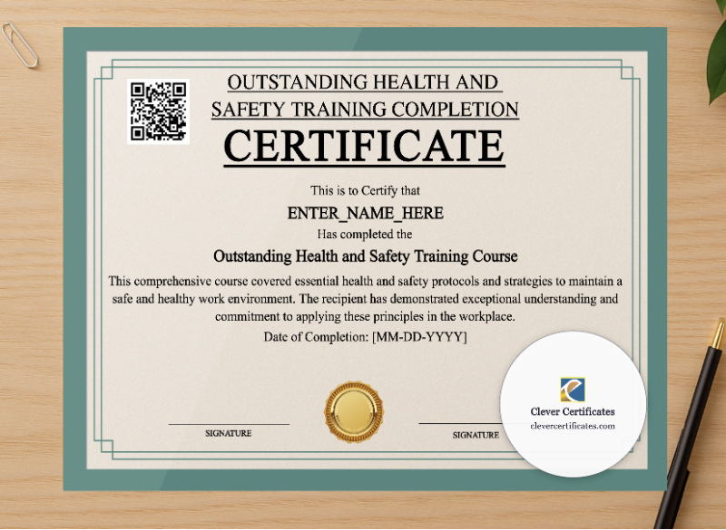 Professional preview of Health And Safety Completion Certificate certificate on high-quality stationery paper, ideal for showcasing the final look.