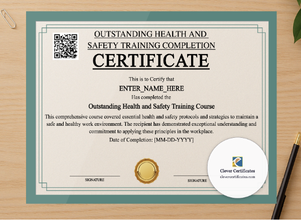 Professional preview of Health And Safety Completion Certificate certificate on high-quality stationery paper, ideal for showcasing the final look.