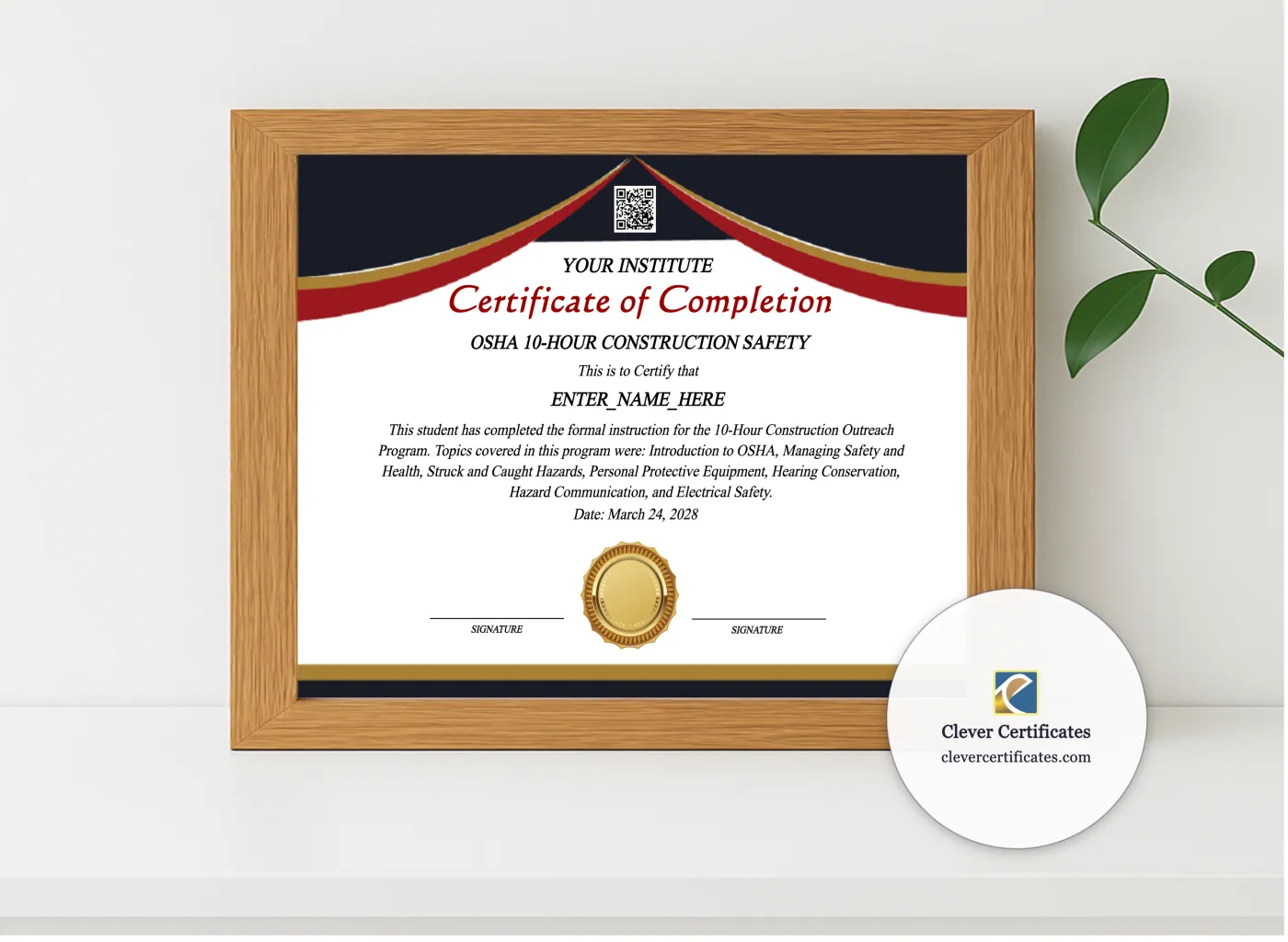 Realistic mockup featuring OSHA 10 Hour Training Certificate displayed within a modern frame, set against a minimalistic background.