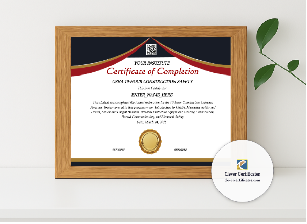 Realistic mockup featuring OSHA 10 Hour Training Certificate displayed within a modern frame, set against a minimalistic background.
