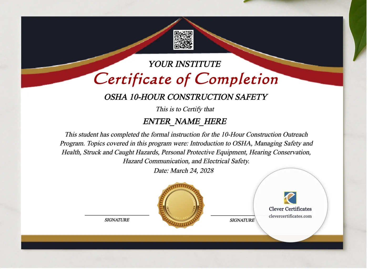 OSHA 10 Hour Training Certificate presented in a sleek wooden frame, elegantly arranged on a stylish table.