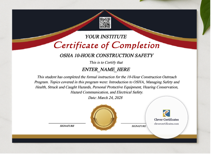 OSHA 10 Hour Training Certificate presented in a sleek wooden frame, elegantly arranged on a stylish table.