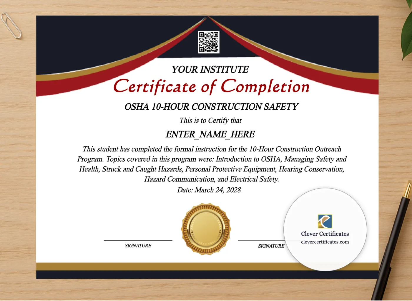 Professional preview of OSHA 10 Hour Training Certificate certificate on high-quality stationery paper, ideal for showcasing the final look.