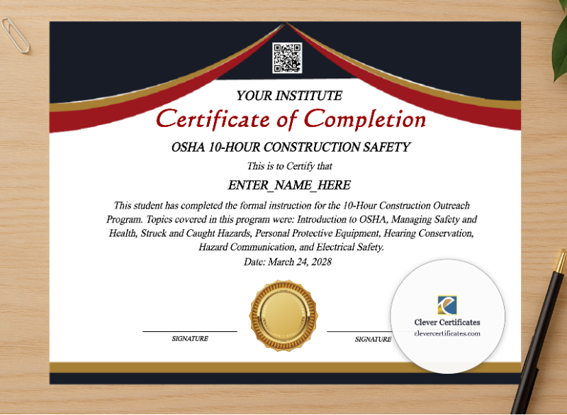 Professional preview of OSHA 10 Hour Training Certificate certificate on high-quality stationery paper, ideal for showcasing the final look.