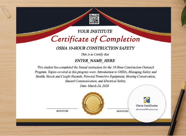 Professional preview of OSHA 10 Hour Training Certificate certificate on high-quality stationery paper, ideal for showcasing the final look.