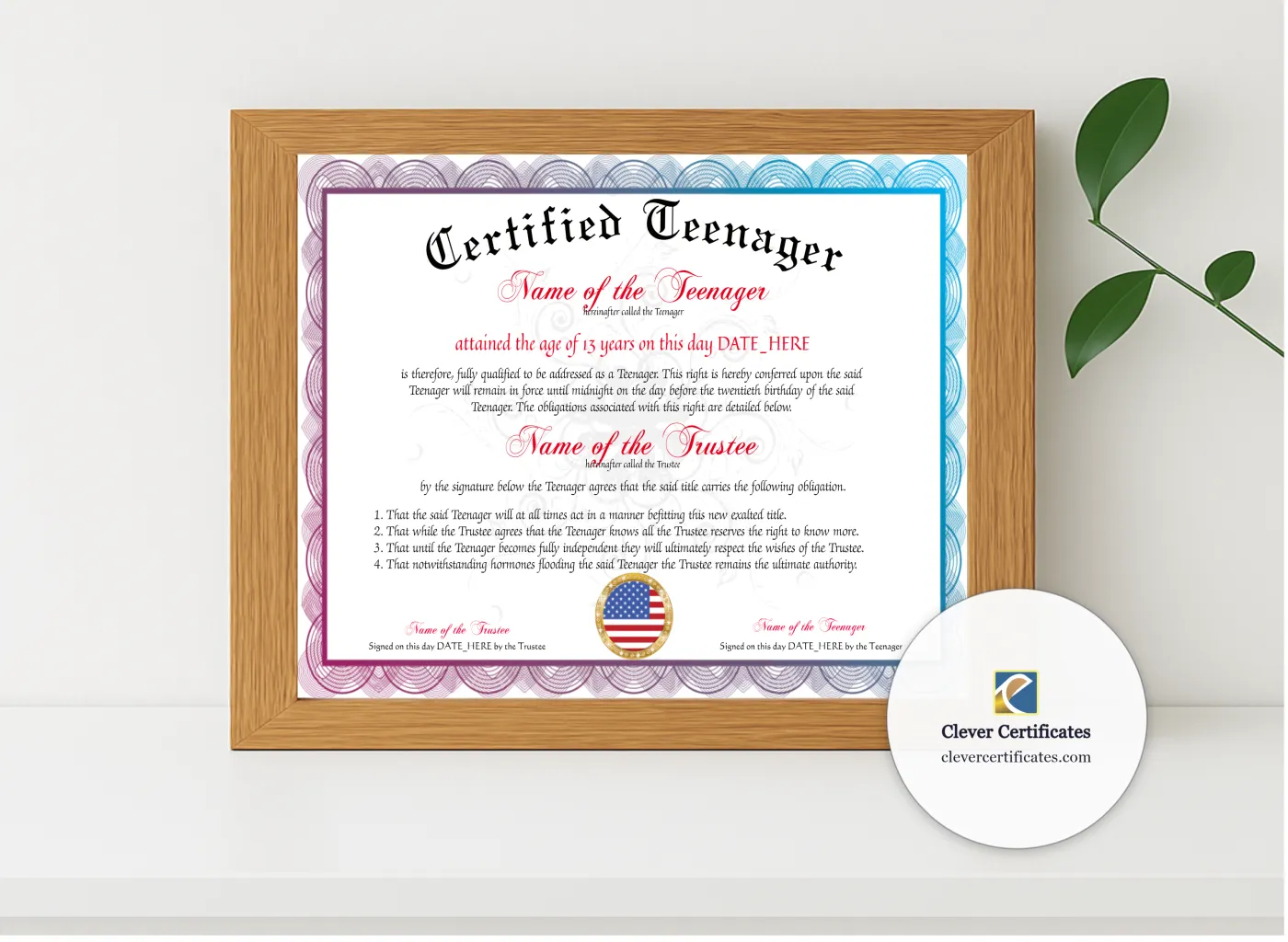 Realistic mockup featuring Certified Teenager Award displayed within a modern frame, set against a minimalistic background.