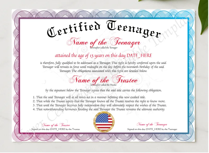 Certified Teenager Award presented in a sleek wooden frame, elegantly arranged on a stylish table.