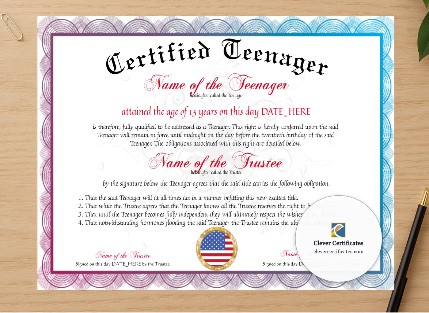 Professional preview of Certified Teenager Award certificate on high-quality stationery paper, ideal for showcasing the final look.