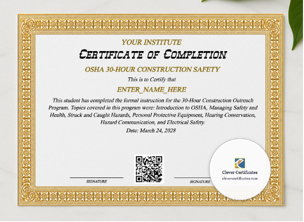 OSHA 30 Hour Completion Certificate presented in a sleek wooden frame, elegantly arranged on a stylish table.