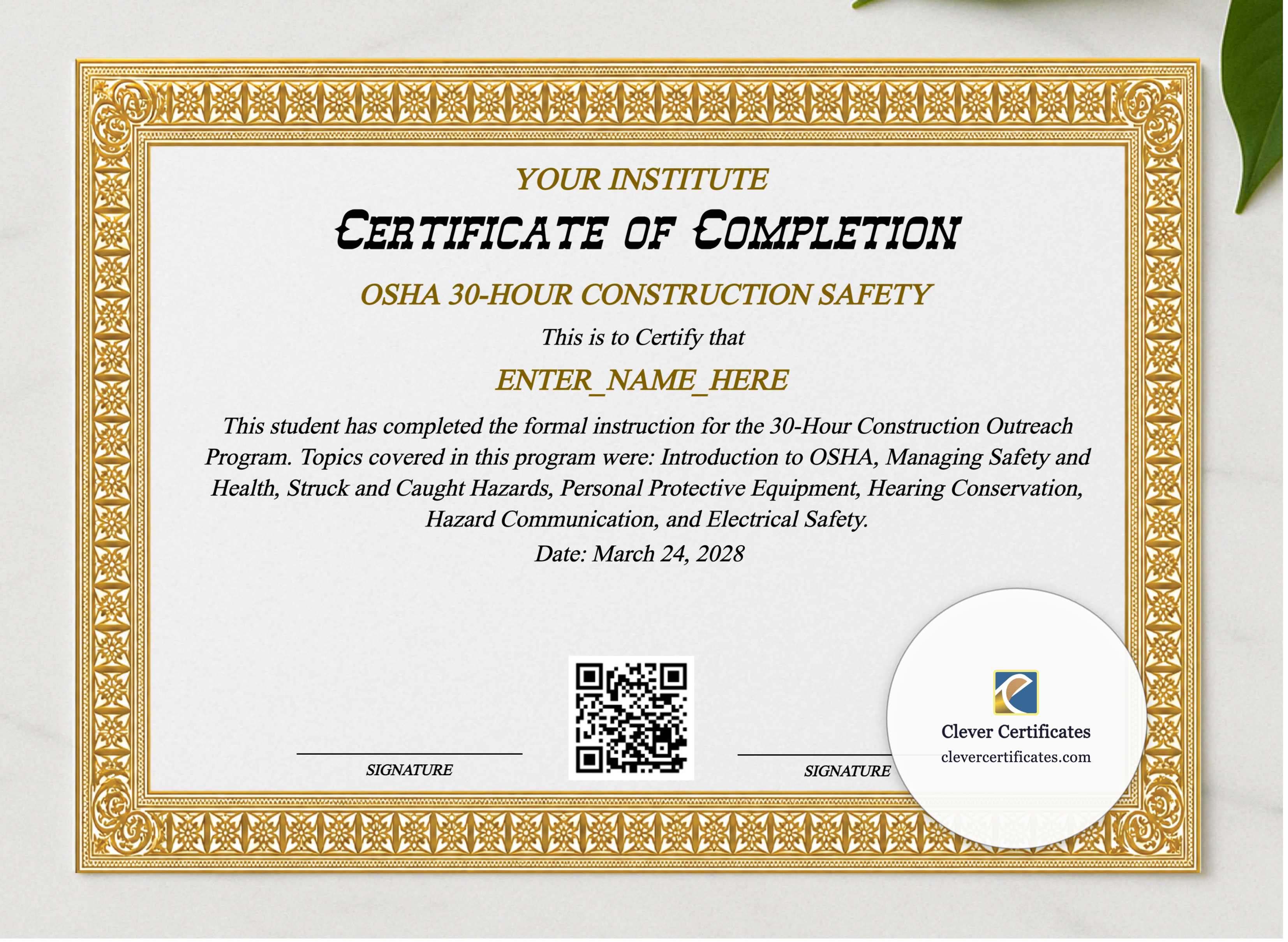 OSHA 30 Hour Completion Certificate presented in a sleek wooden frame, elegantly arranged on a stylish table.