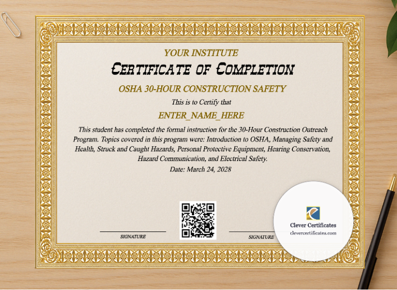 Professional preview of OSHA 30 Hour Completion Certificate certificate on high-quality stationery paper, ideal for showcasing the final look.