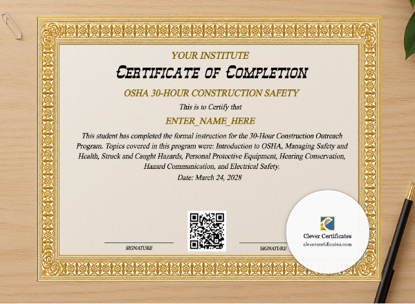 Professional preview of OSHA 30 Hour Completion Certificate certificate on high-quality stationery paper, ideal for showcasing the final look.