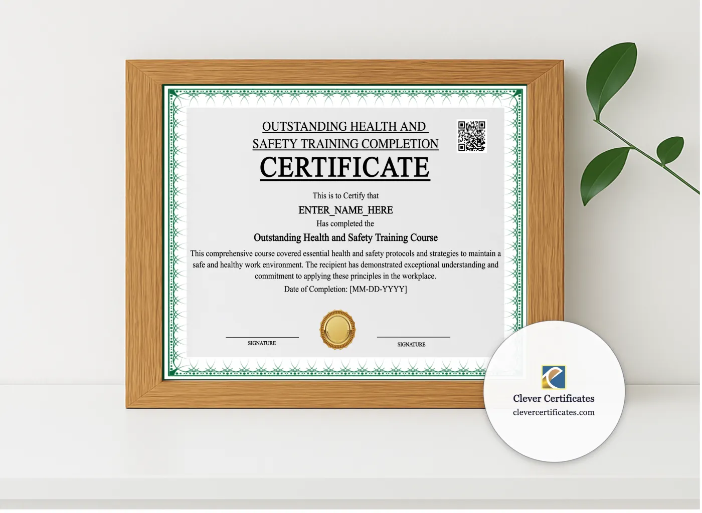 Realistic mockup featuring Workplace Health And Safety Certificate displayed within a modern frame, set against a minimalistic background.