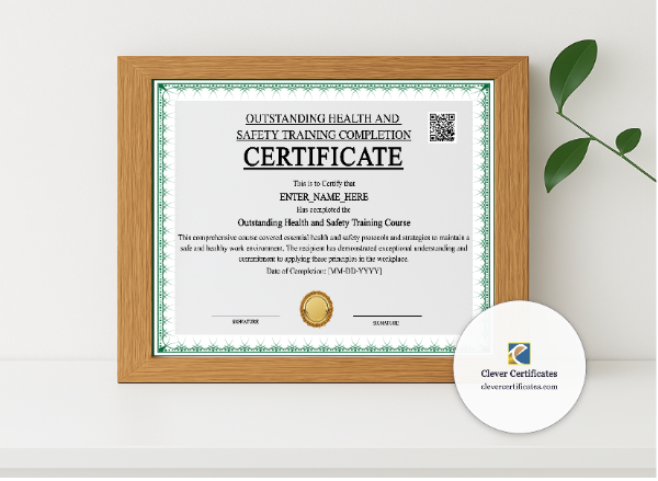 Realistic mockup featuring Workplace Health And Safety Certificate displayed within a modern frame, set against a minimalistic background.