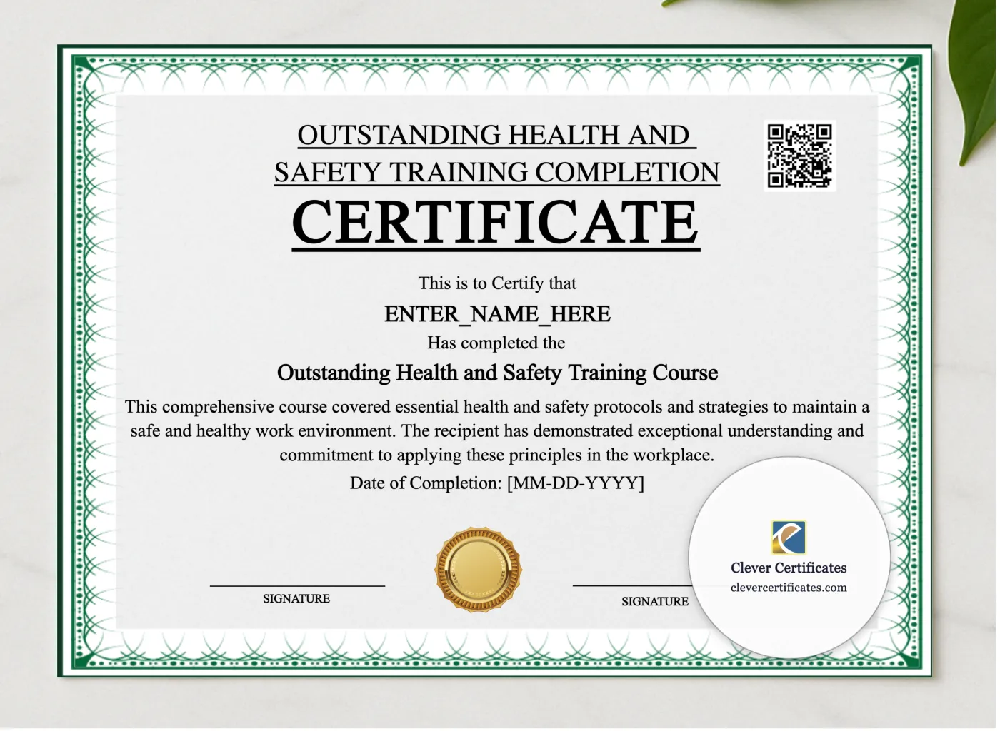 Workplace Health And Safety Certificate presented in a sleek wooden frame, elegantly arranged on a stylish table.