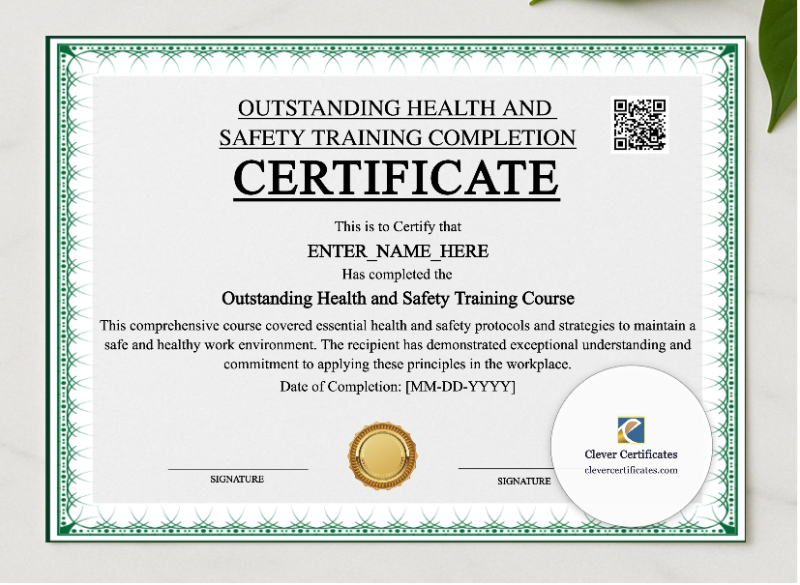 Workplace Health And Safety Certificate presented in a sleek wooden frame, elegantly arranged on a stylish table.