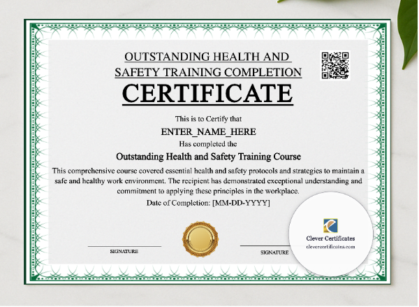 Workplace Health And Safety Certificate presented in a sleek wooden frame, elegantly arranged on a stylish table.