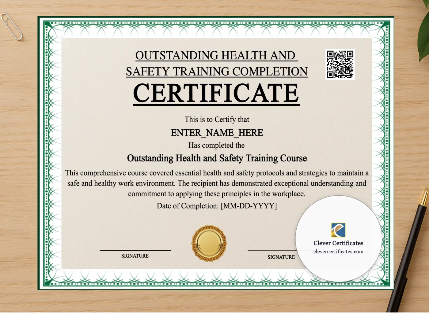 Professional preview of Workplace Health And Safety Certificate certificate on high-quality stationery paper, ideal for showcasing the final look.