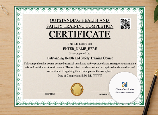 Professional preview of Workplace Health And Safety Certificate certificate on high-quality stationery paper, ideal for showcasing the final look.