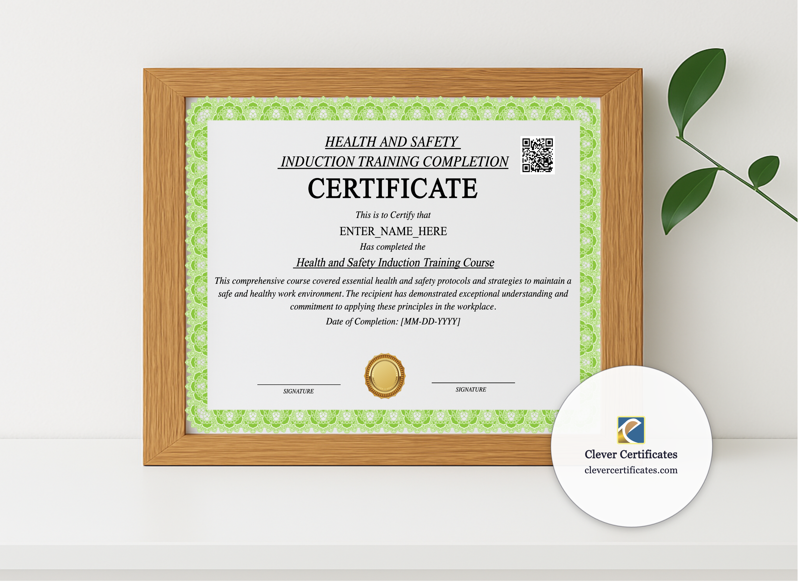 Realistic mockup featuring Health And Safety Induction Certificate displayed within a modern frame, set against a minimalistic background.
