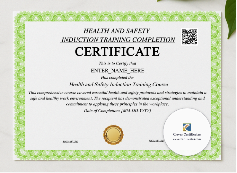 Health And Safety Induction Certificate presented in a sleek wooden frame, elegantly arranged on a stylish table.