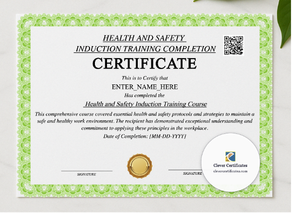 Health And Safety Induction Certificate presented in a sleek wooden frame, elegantly arranged on a stylish table.