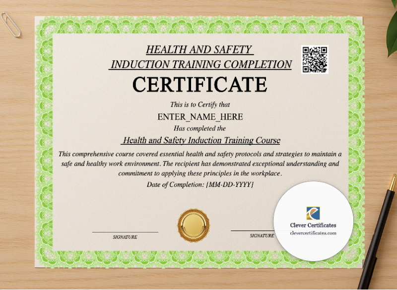 Professional preview of Health And Safety Induction Certificate certificate on high-quality stationery paper, ideal for showcasing the final look.