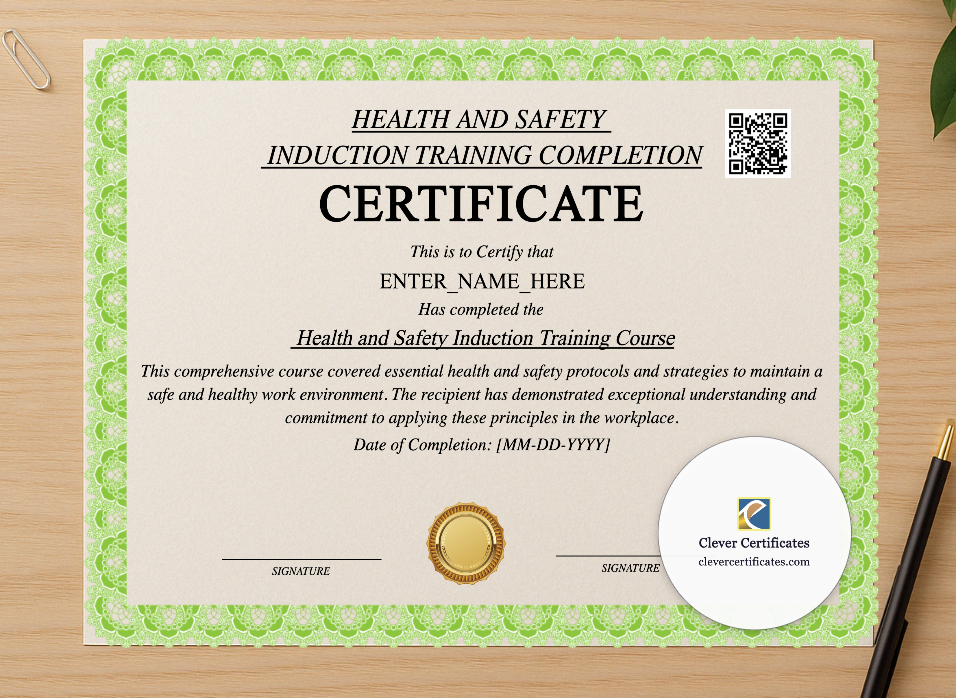 Professional preview of Health And Safety Induction Certificate certificate on high-quality stationery paper, ideal for showcasing the final look.