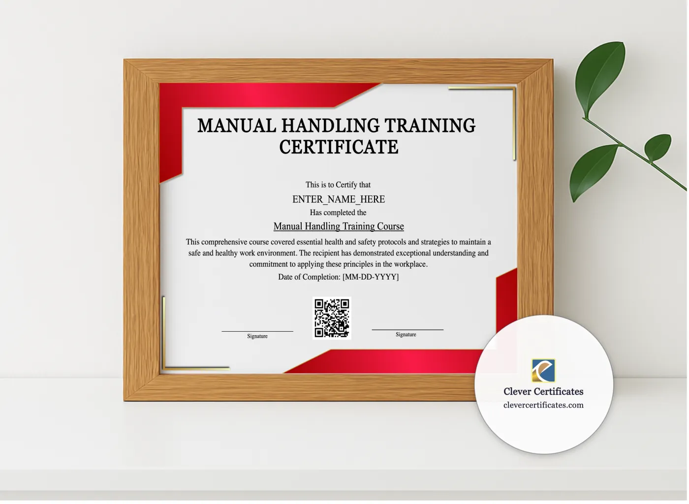 Realistic mockup featuring Manual Handling Training Certificate displayed within a modern frame, set against a minimalistic background.