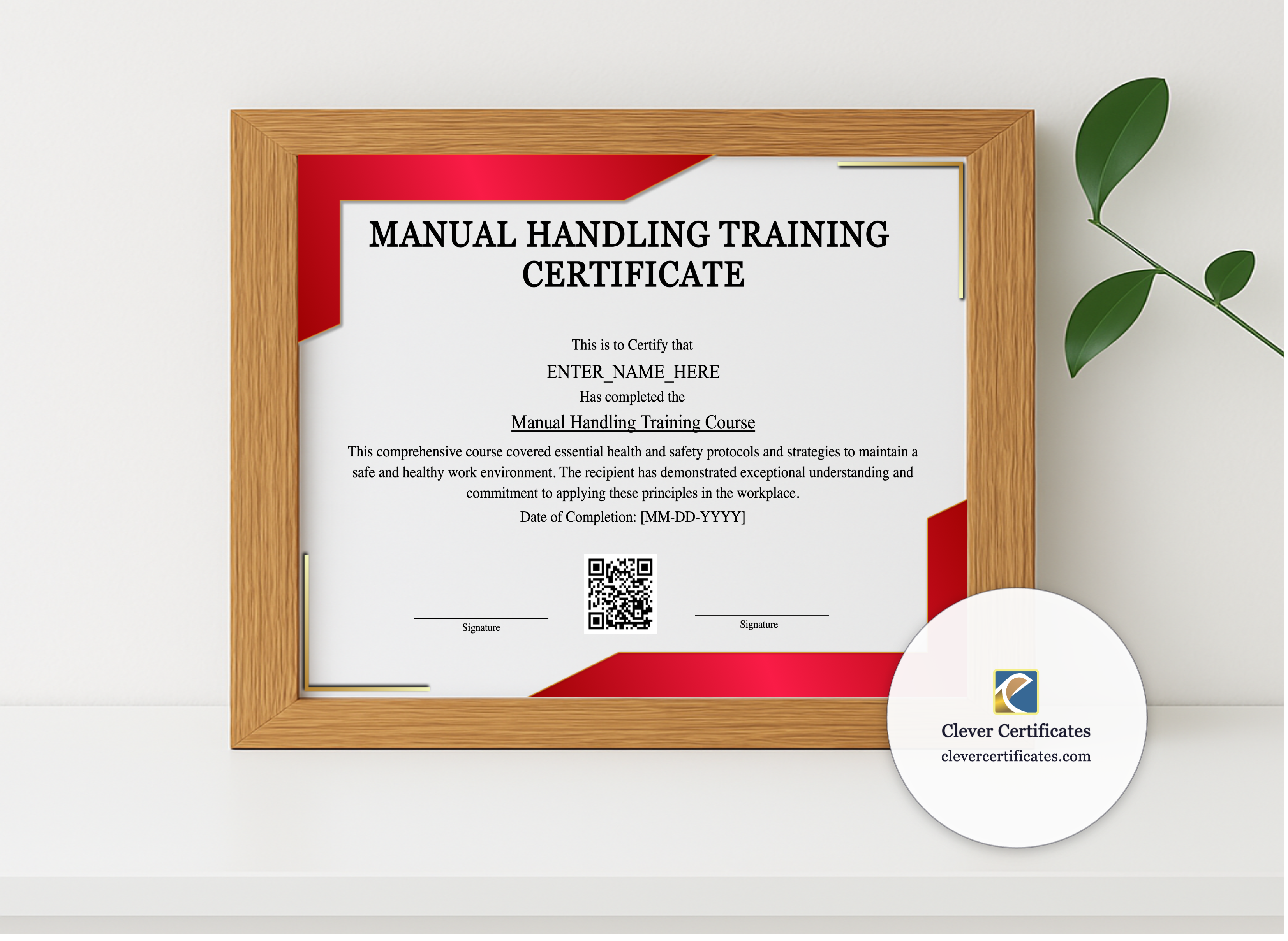 Realistic mockup featuring Manual Handling Training Certificate displayed within a modern frame, set against a minimalistic background.