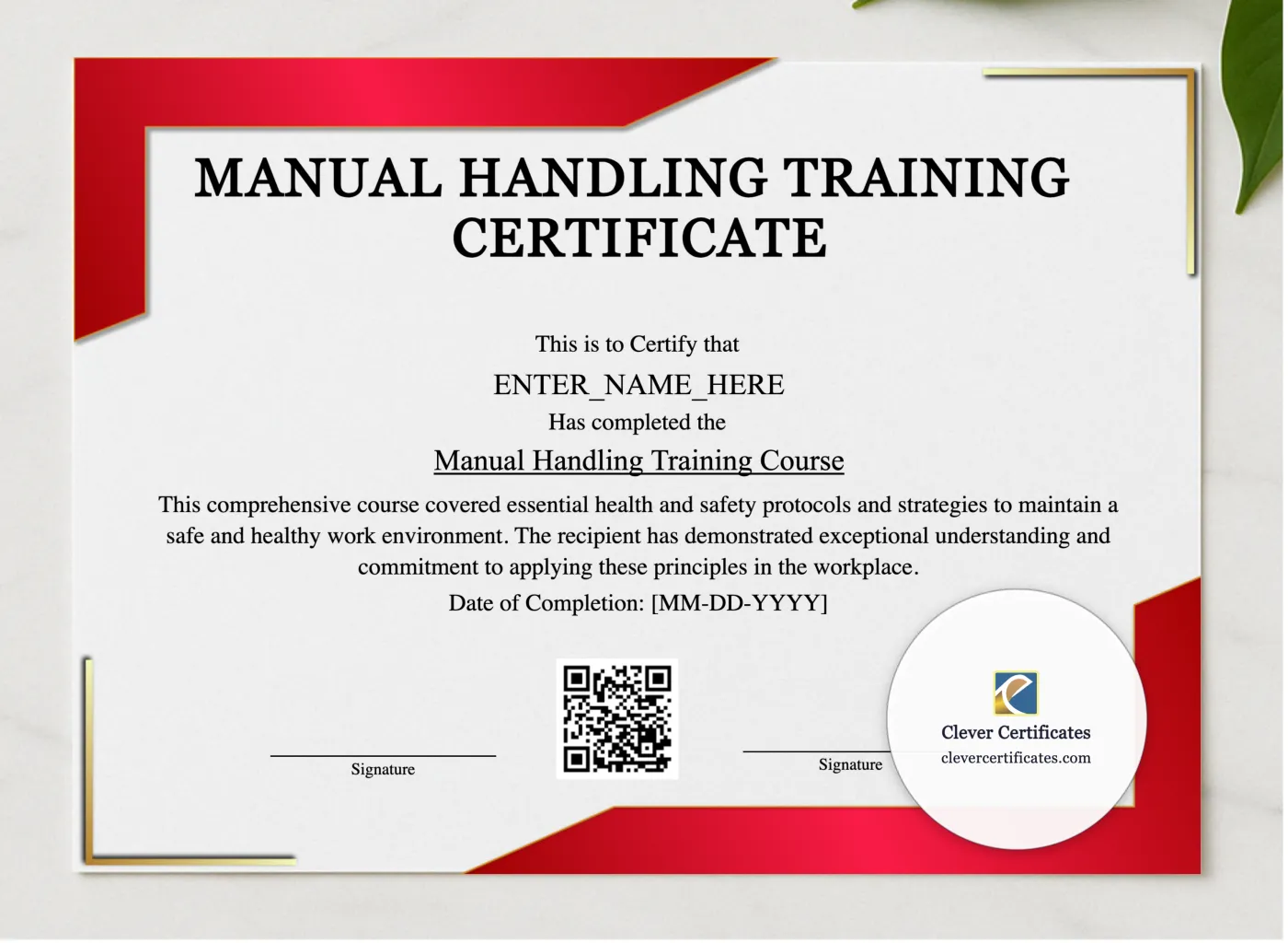 Manual Handling Training Certificate presented in a sleek wooden frame, elegantly arranged on a stylish table.