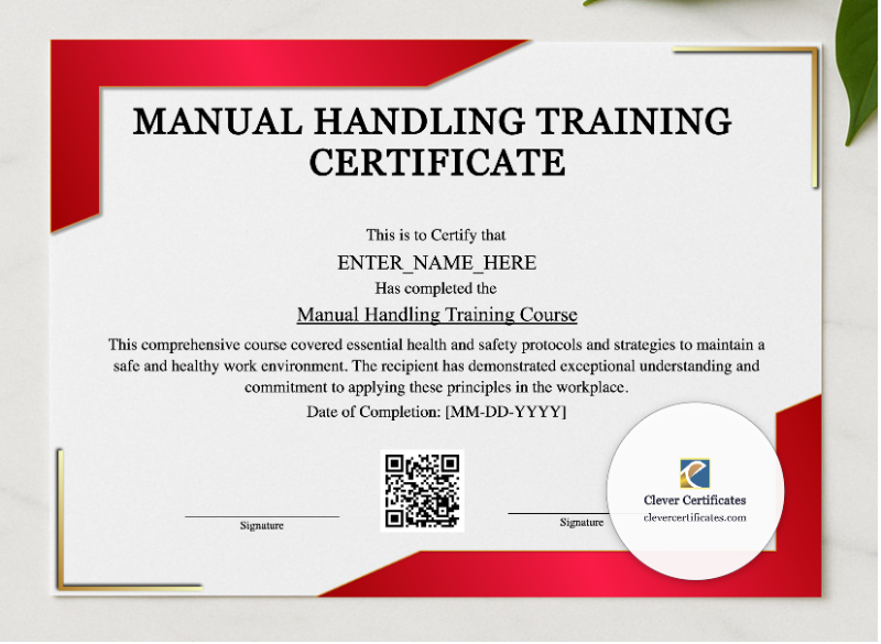 Manual Handling Training Certificate presented in a sleek wooden frame, elegantly arranged on a stylish table.