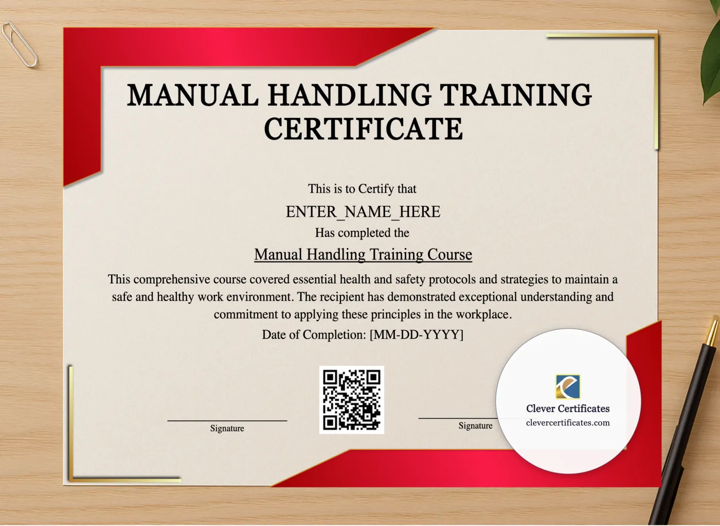 Professional preview of Manual Handling Training Certificate certificate on high-quality stationery paper, ideal for showcasing the final look.
