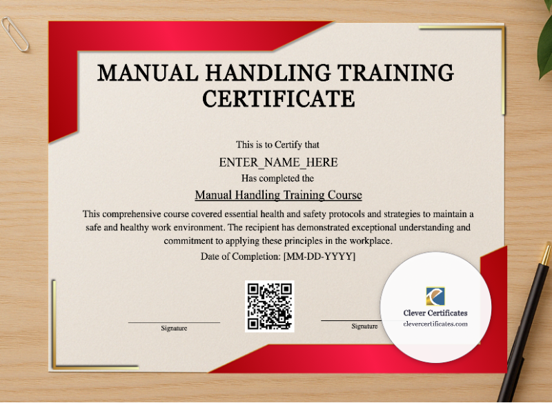Professional preview of Manual Handling Training Certificate certificate on high-quality stationery paper, ideal for showcasing the final look.