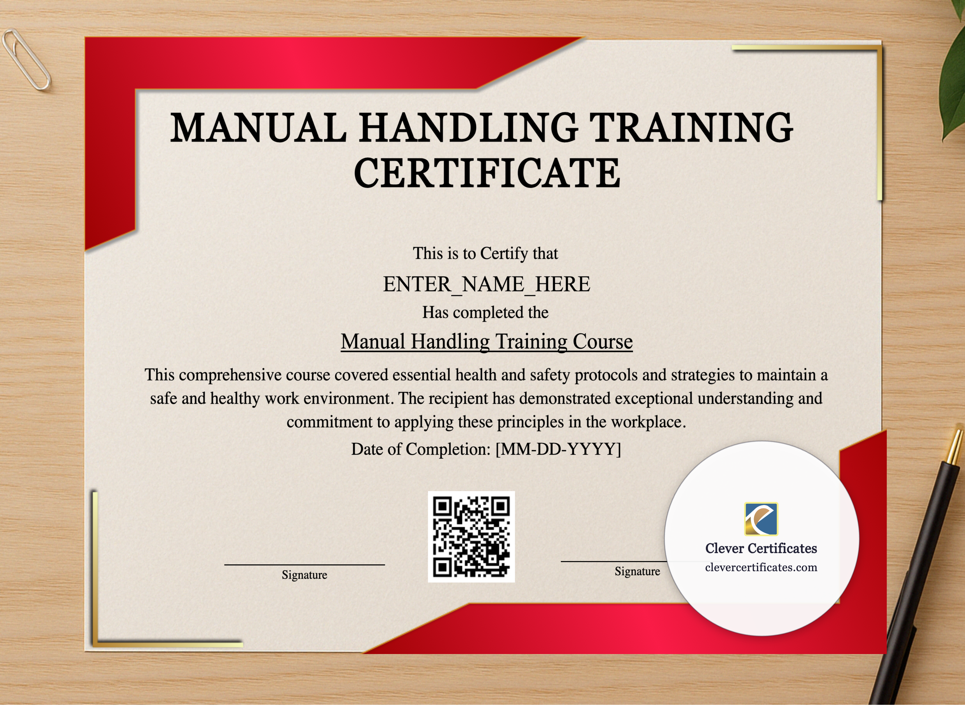 Professional preview of Manual Handling Training Certificate certificate on high-quality stationery paper, ideal for showcasing the final look.