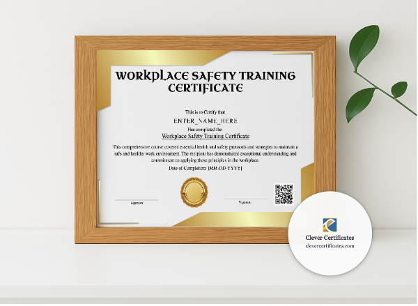 Realistic mockup featuring Workplace Safety Training Certificate displayed within a modern frame, set against a minimalistic background.