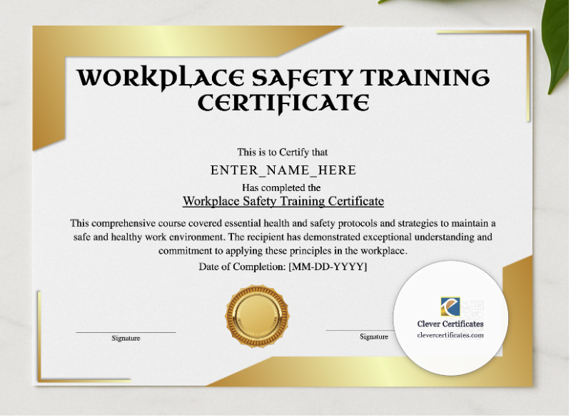 Workplace Safety Training Certificate presented in a sleek wooden frame, elegantly arranged on a stylish table.