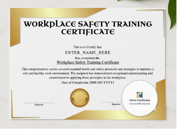 Workplace Safety Training Certificate presented in a sleek wooden frame, elegantly arranged on a stylish table.