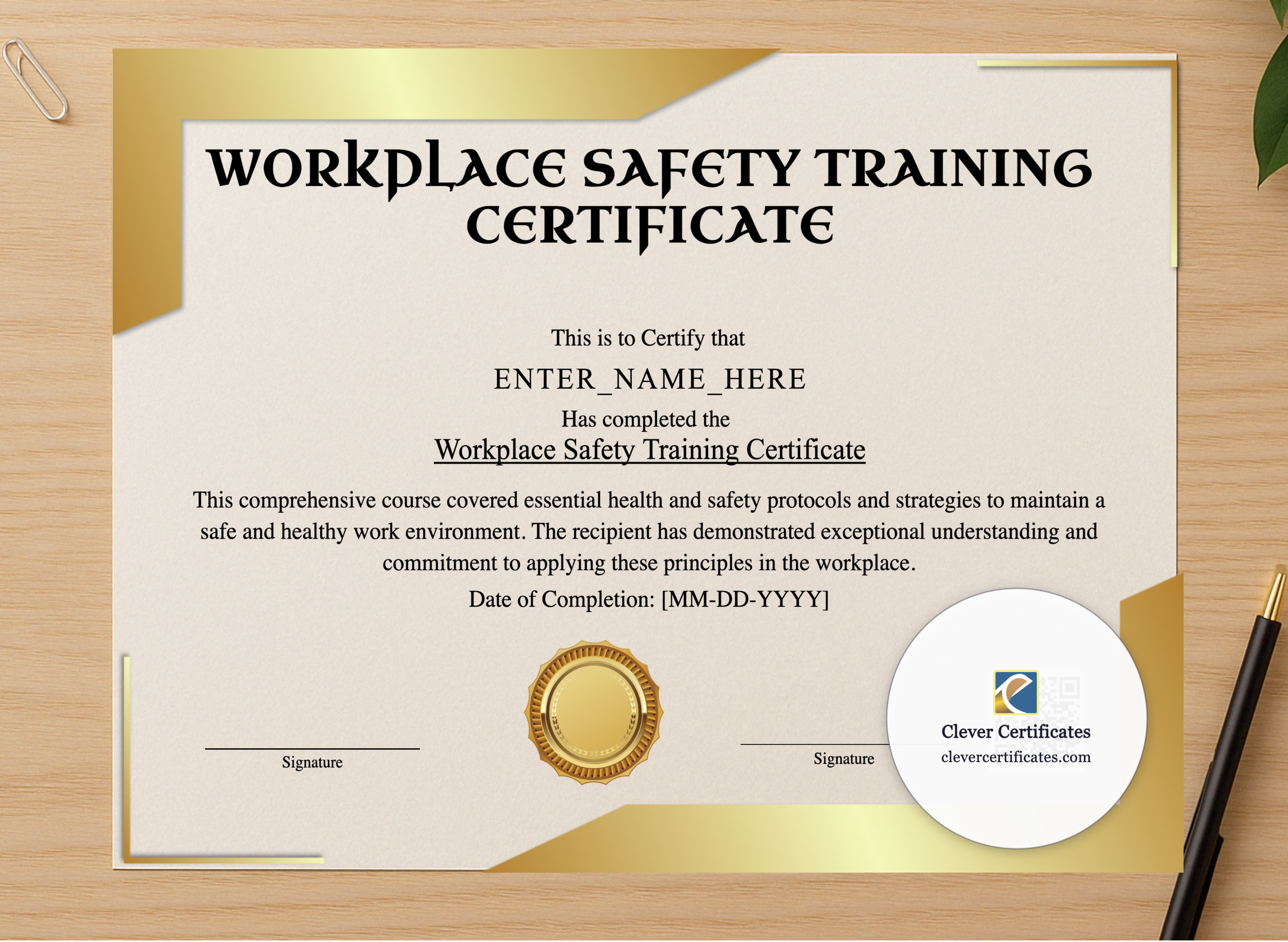 Professional preview of Workplace Safety Training Certificate certificate on high-quality stationery paper, ideal for showcasing the final look.