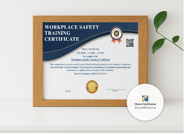 Realistic mockup featuring Health And Safety Award Certificate displayed within a modern frame, set against a minimalistic background.