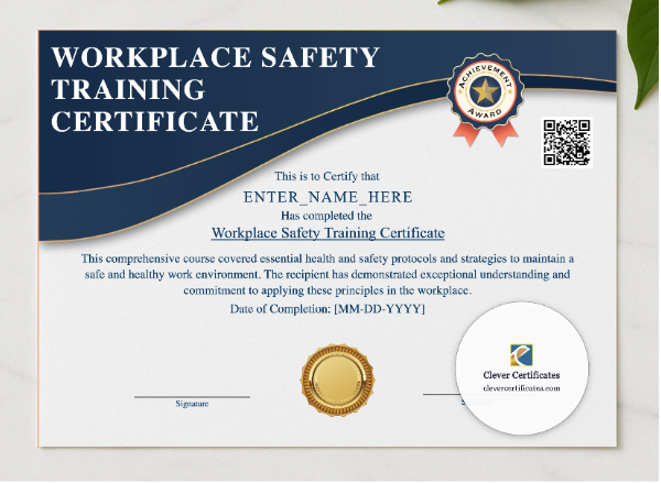 Health And Safety Award Certificate presented in a sleek wooden frame, elegantly arranged on a stylish table.