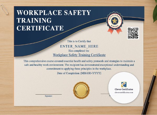 Professional preview of Health And Safety Award Certificate certificate on high-quality stationery paper, ideal for showcasing the final look.