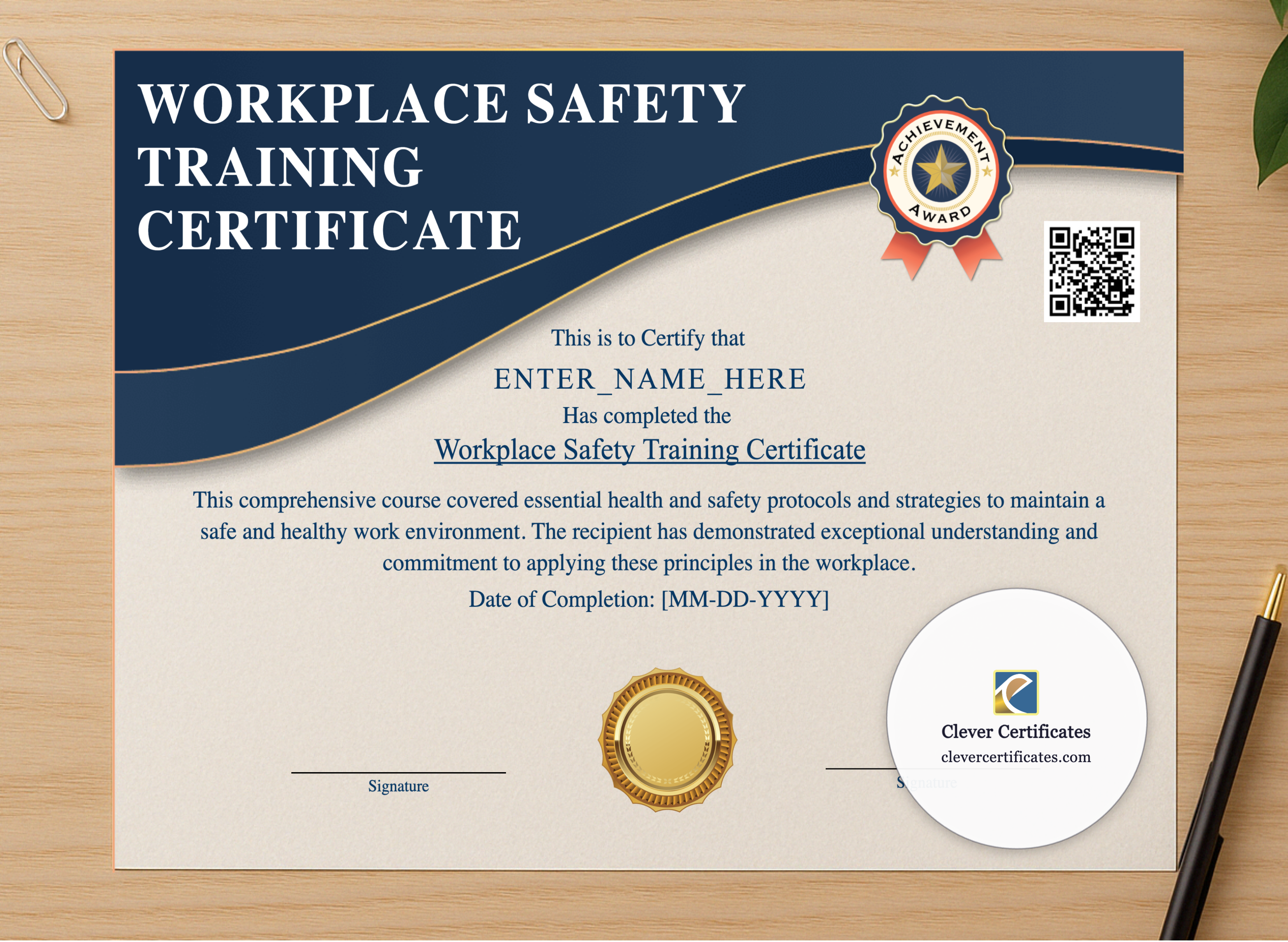 Professional preview of Health And Safety Award Certificate certificate on high-quality stationery paper, ideal for showcasing the final look.