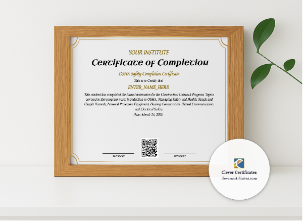 Realistic mockup featuring OSHA Safety Completion Certificate displayed within a modern frame, set against a minimalistic background.