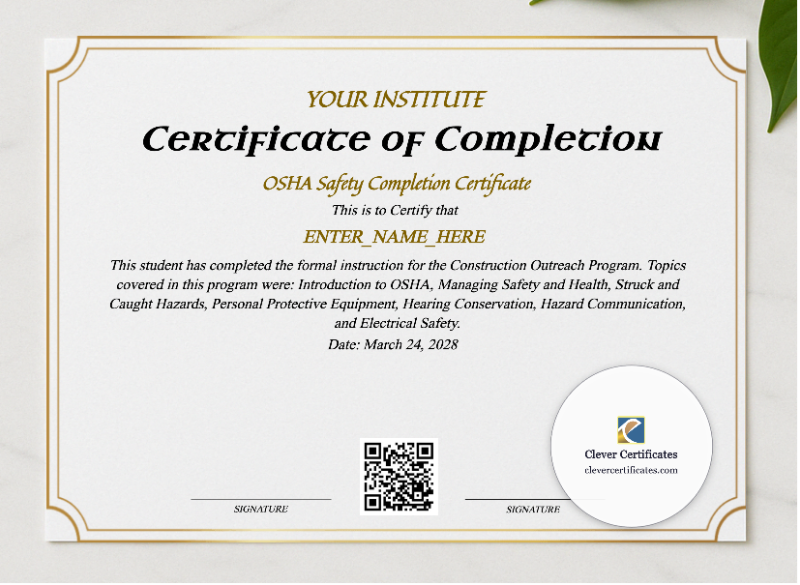 OSHA Safety Completion Certificate presented in a sleek wooden frame, elegantly arranged on a stylish table.