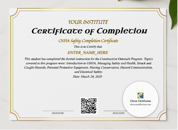OSHA Safety Completion Certificate presented in a sleek wooden frame, elegantly arranged on a stylish table.